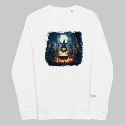 Front of Moonlit Witches' Sweatshirt in White, with a spooky witch coven around a cauldron on a full moon night design.