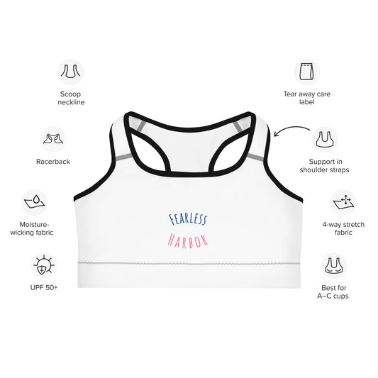 Front of Performance Sports Bra in White with Black Trim, with the text Fearless in Blue and Harbor in Pink.