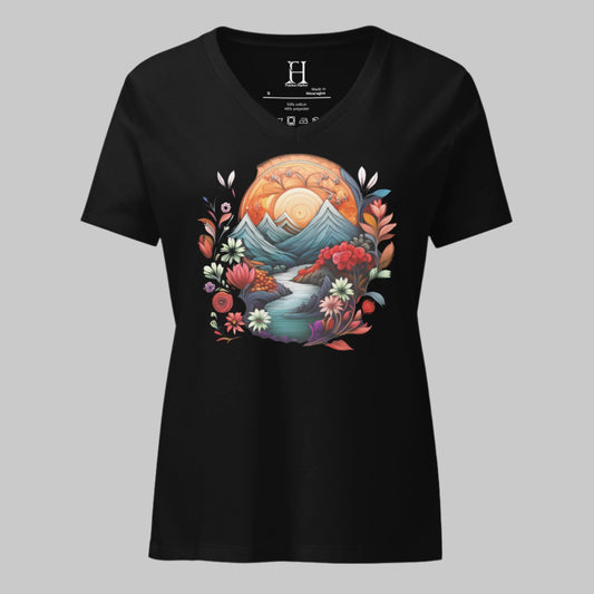 Front of Plant Graphic V-Neck T-Shirt in Black with image of a stream through mountains and flowers.