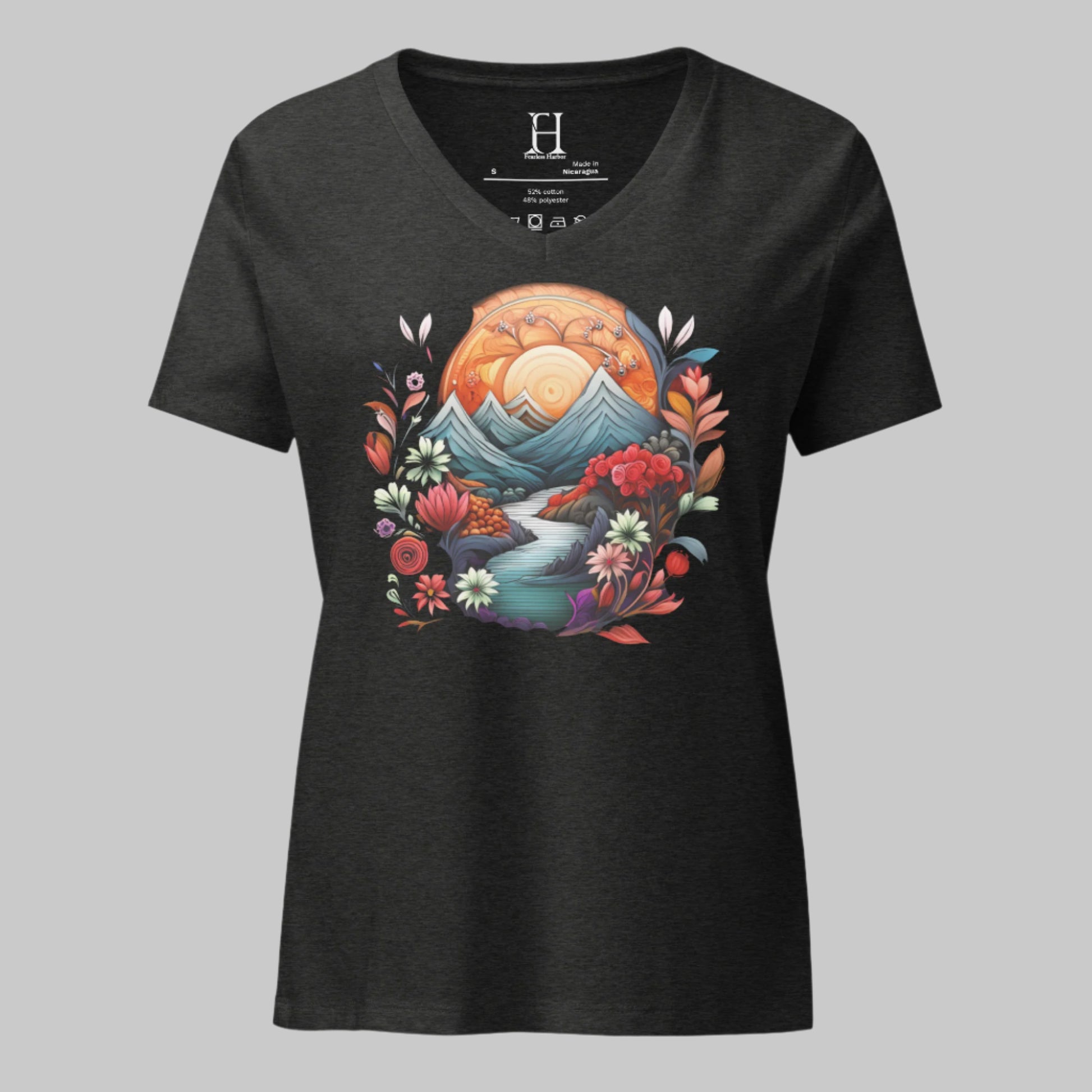 Front of Plant Graphic V-Neck T-Shirt in Grey with image of a stream through mountains and flowers.