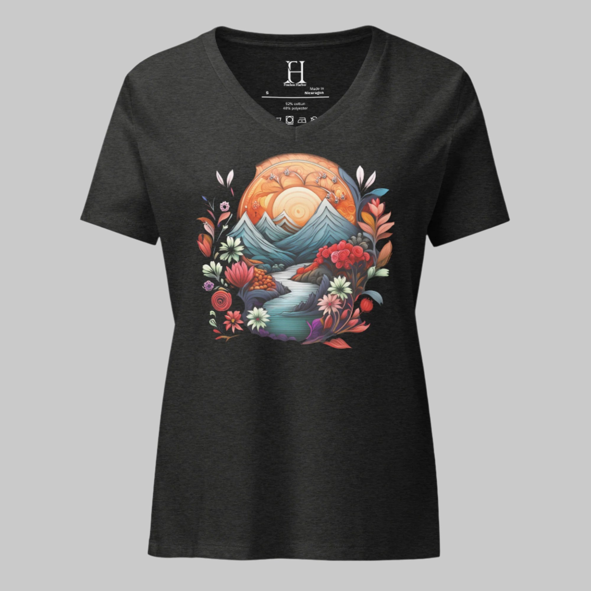 Front of Plant Graphic V-Neck T-Shirt in Grey with image of a stream through mountains and flowers.