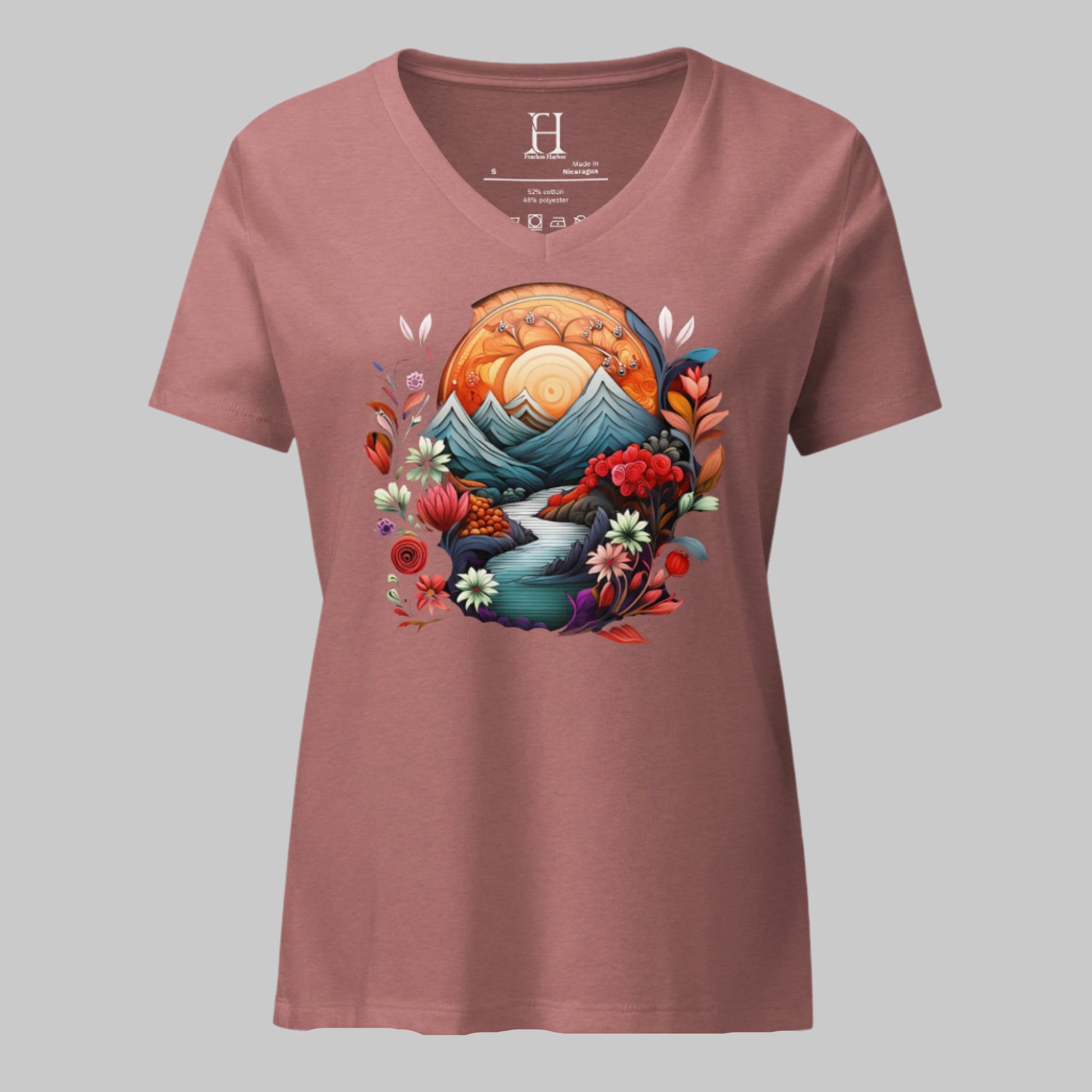 Front of Plant Graphic V-Neck T-Shirt in Mauve with image of a stream through mountains and flowers.