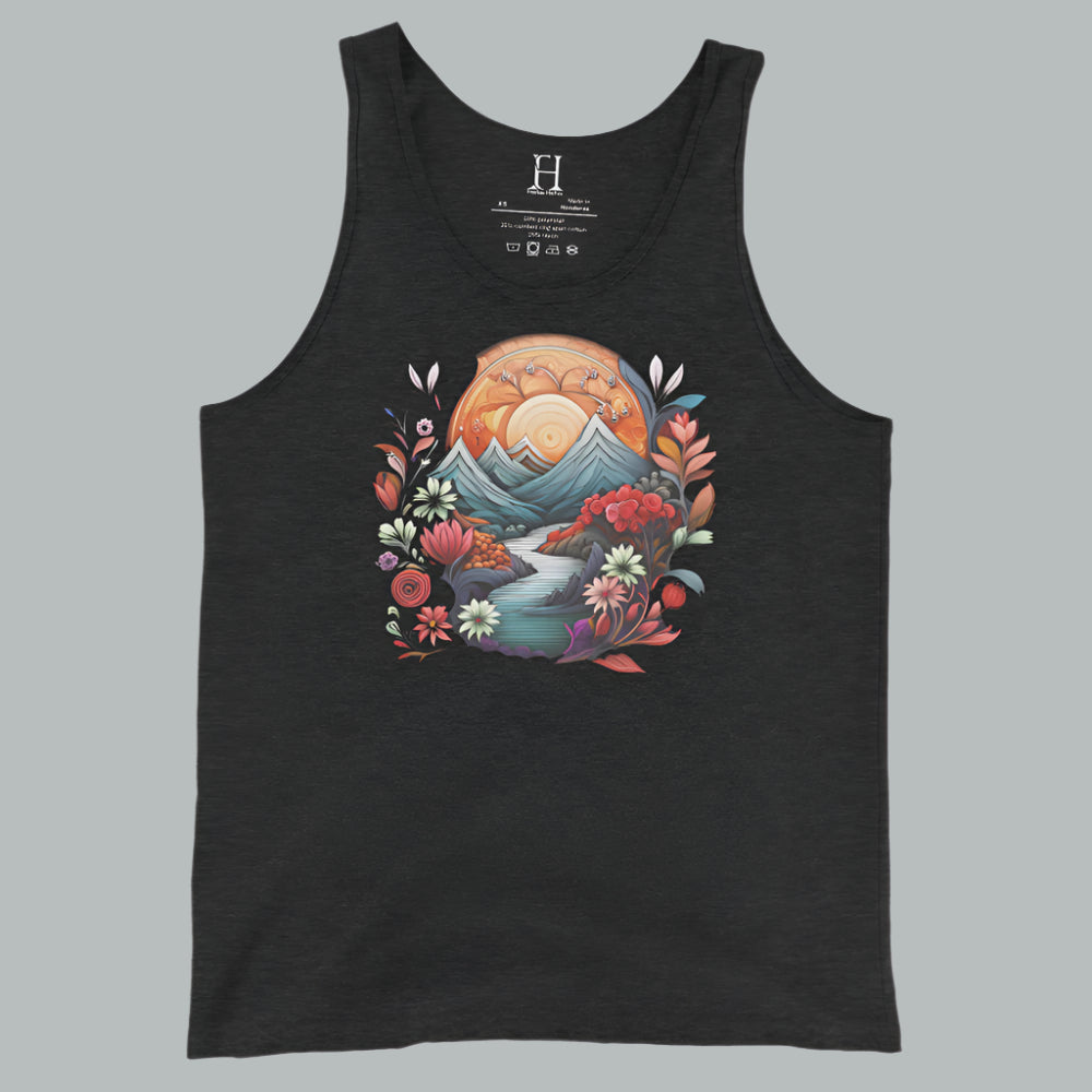 Charcoal black triblend women’s tank with a peaceful plant and sun mountain design.
