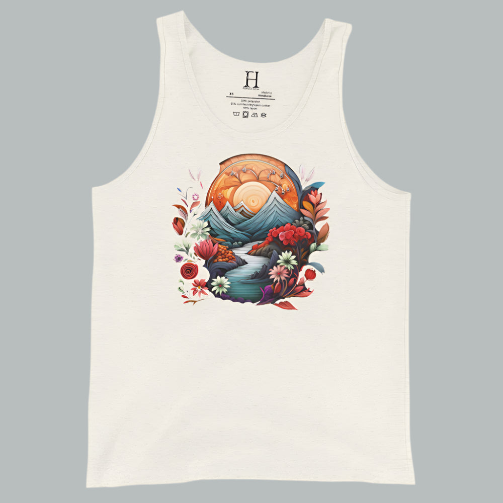 Oatmeal triblend women’s tank with a nature-inspired mountain and plant graphic.