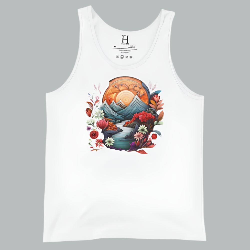 White women’s tank featuring the soft lines of a plant and sun mountain design.


