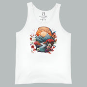 White women’s tank featuring the soft lines of a plant and sun mountain design.

