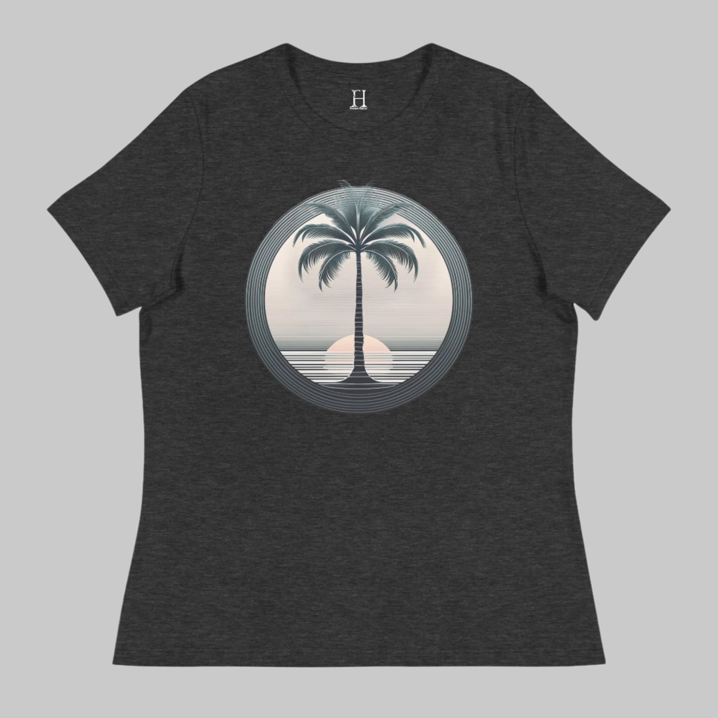 Front of T-Shirt in Dark Grey with a Palm Tree and Sunset in background design.