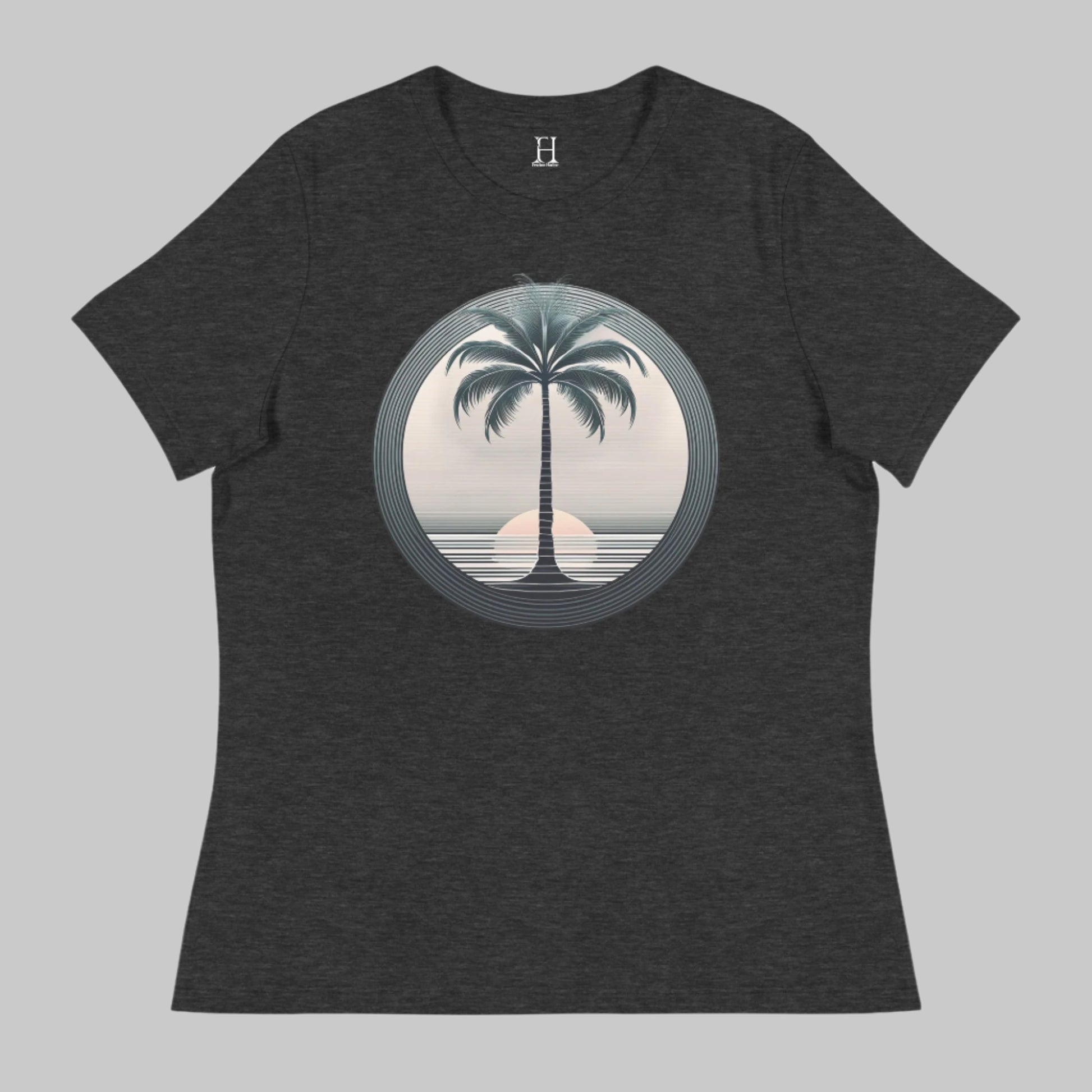 Front of T-Shirt in Dark Grey with a Palm Tree and Sunset in background design.