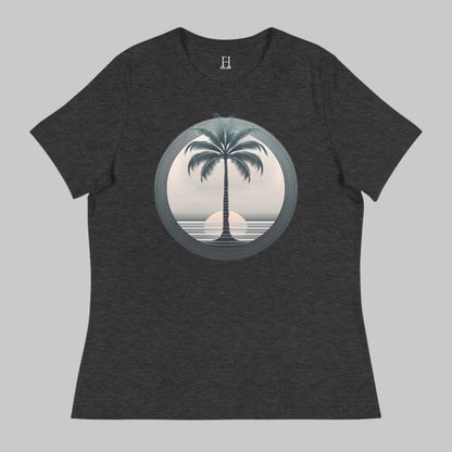 Front of T-Shirt in Dark Grey with a Palm Tree and Sunset in background design.