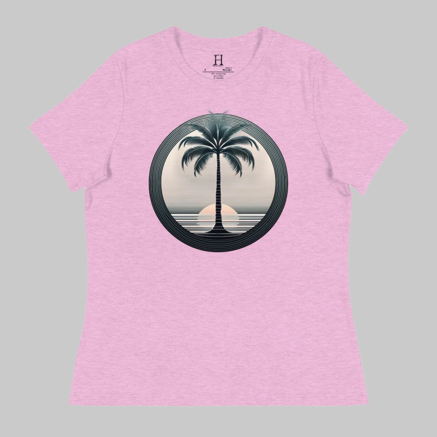 Front of T-Shirt in Prism Lilac with a Palm Tree and Sunset in background design.