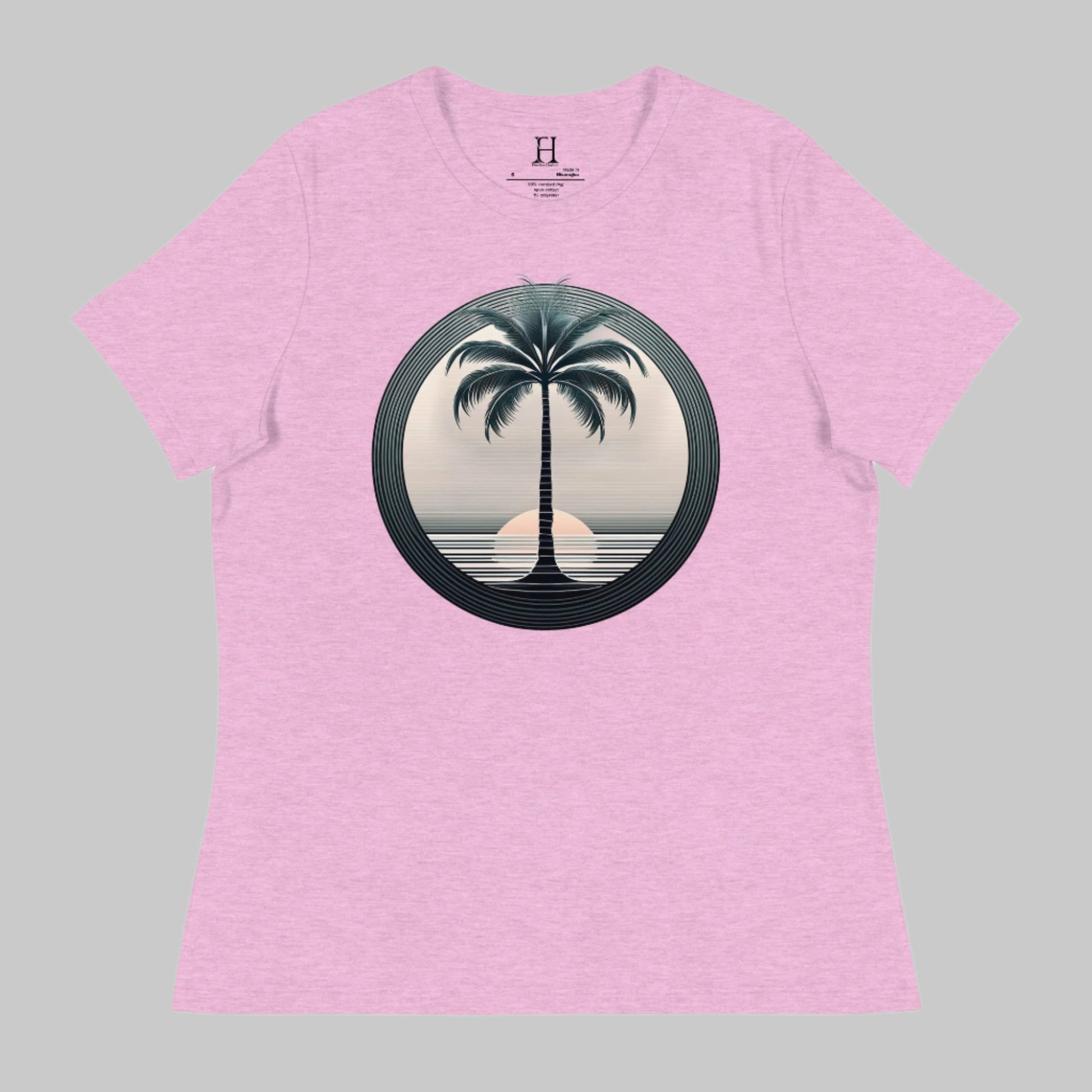 Front of T-Shirt in Prism Lilac with a Palm Tree and Sunset in background design.