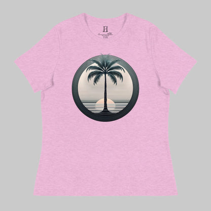 Front of T-Shirt in Prism Lilac with a Palm Tree and Sunset in background design.