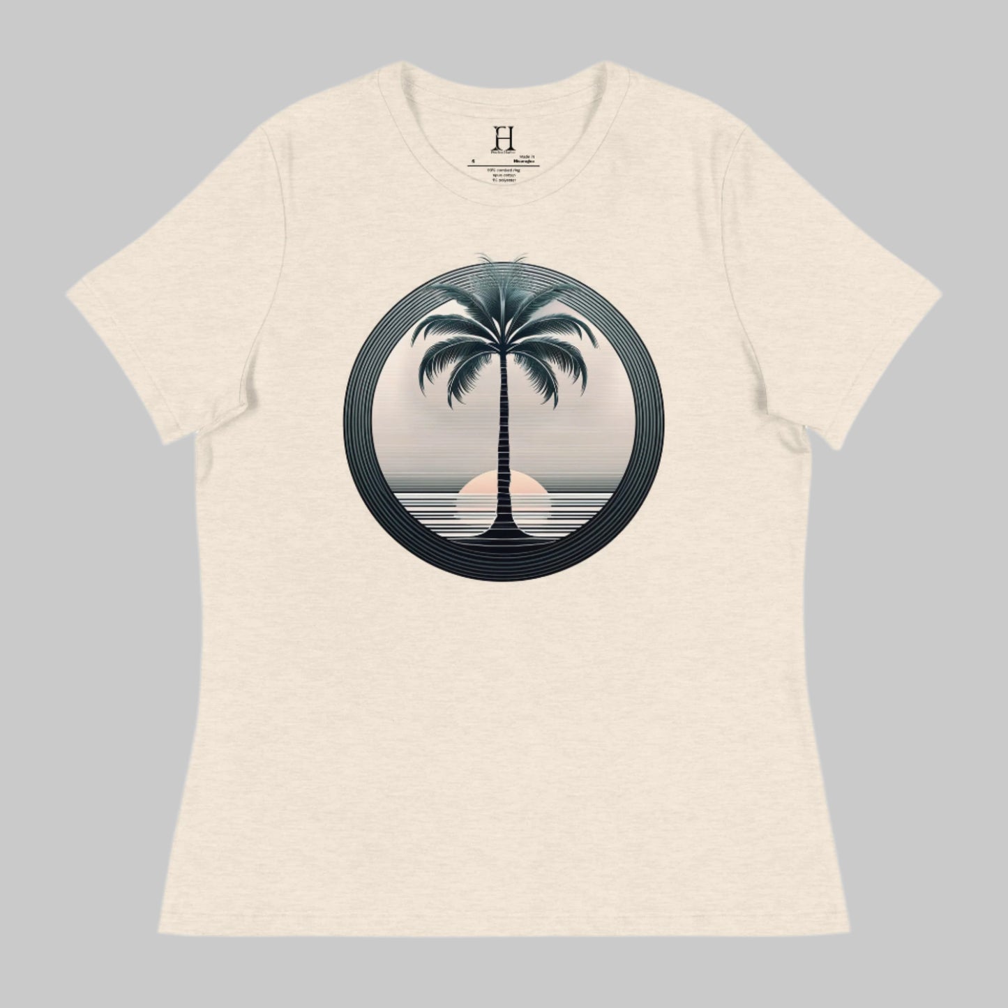 Front of T-Shirt in Prism Natural with a Palm Tree and Sunset in background design