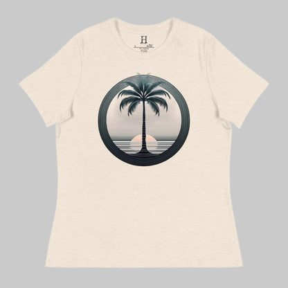 Front of T-Shirt in Prism Natural with a Palm Tree and Sunset in background design