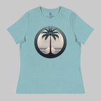Front of T-Shirt in Blue Lagoon with a Palm Tree and Sunset in background design.