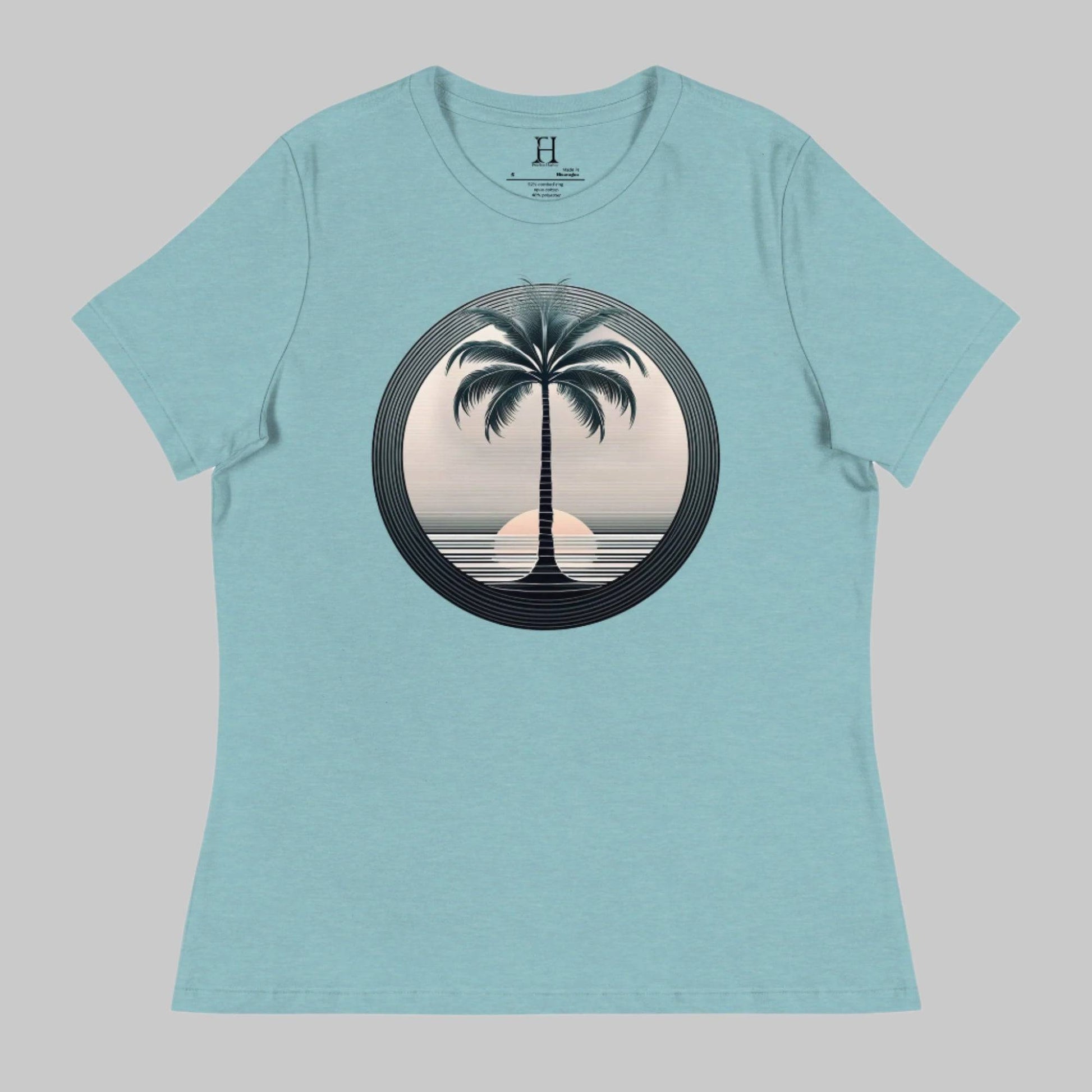 Front of T-Shirt in Blue Lagoon with a Palm Tree and Sunset in background design.