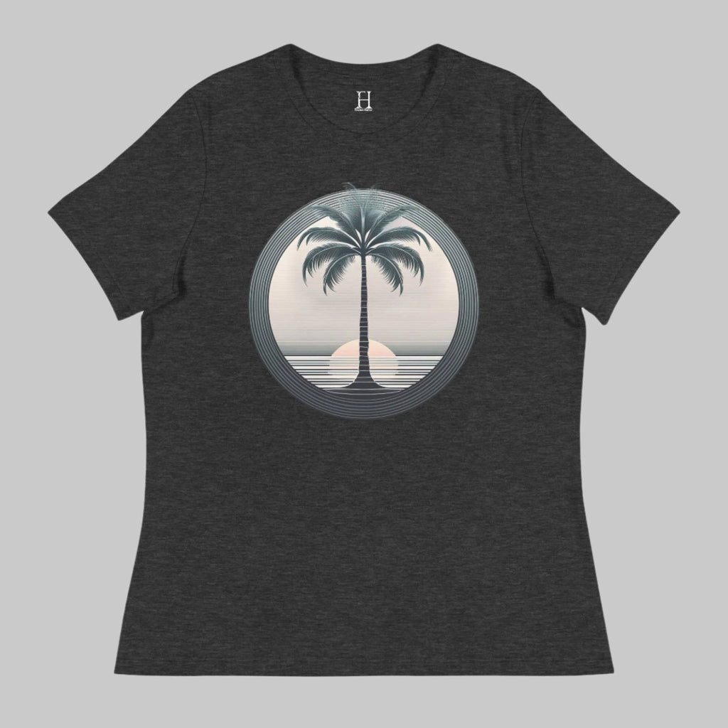 Front of T-Shirt in Dark Grey with a Palm Tree and Sunset in background design.