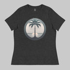Front of T-Shirt in Dark Grey with a Palm Tree and Sunset in background design.