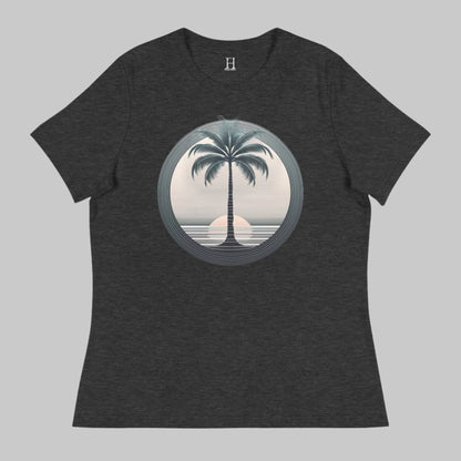 Front of T-Shirt in Dark Grey with a Palm Tree and Sunset in background design.