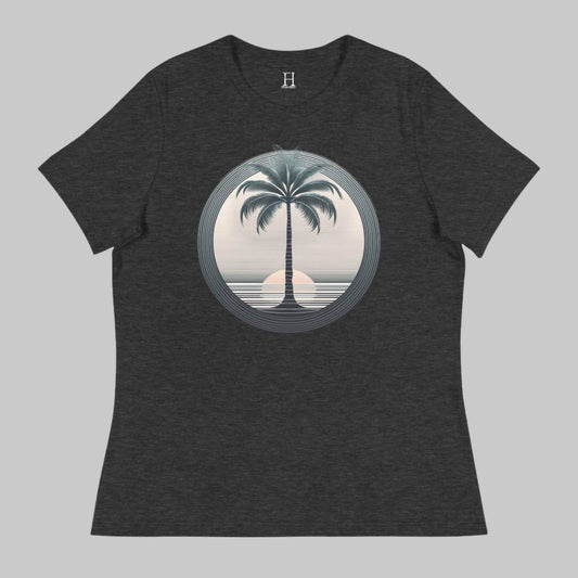 Front of T-Shirt in Dark Grey with a Palm Tree and Sunset in background design.