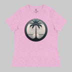 Front of T-Shirt in Prism Lilac with a Palm Tree and Sunset in background design.