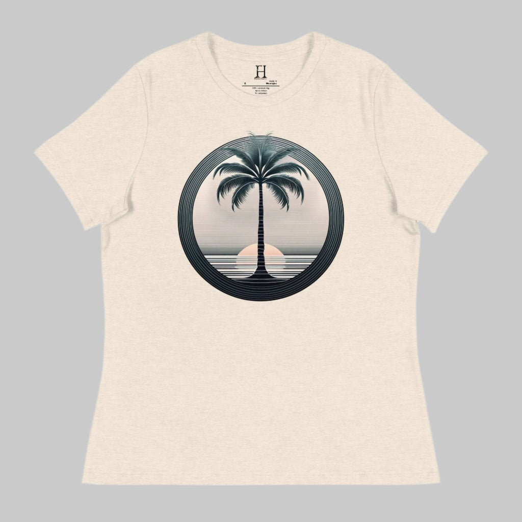Front of T-Shirt in Prism Natural with a Palm Tree and Sunset in background design