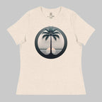 Front of T-Shirt in Prism Natural with a Palm Tree and Sunset in background design