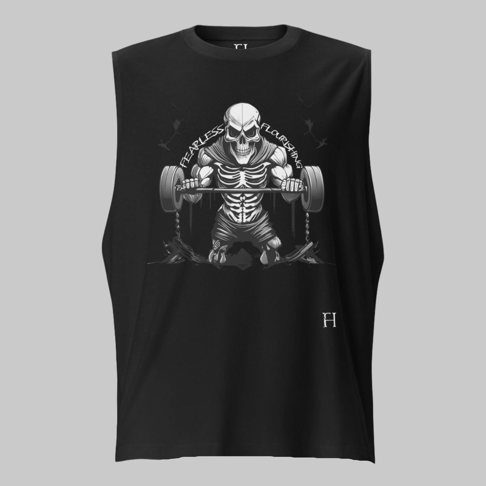 Front of Undead Gym Tank in Black, with a Skull Skeleton lifting weights design, and the text Fearless Flourishing in white.