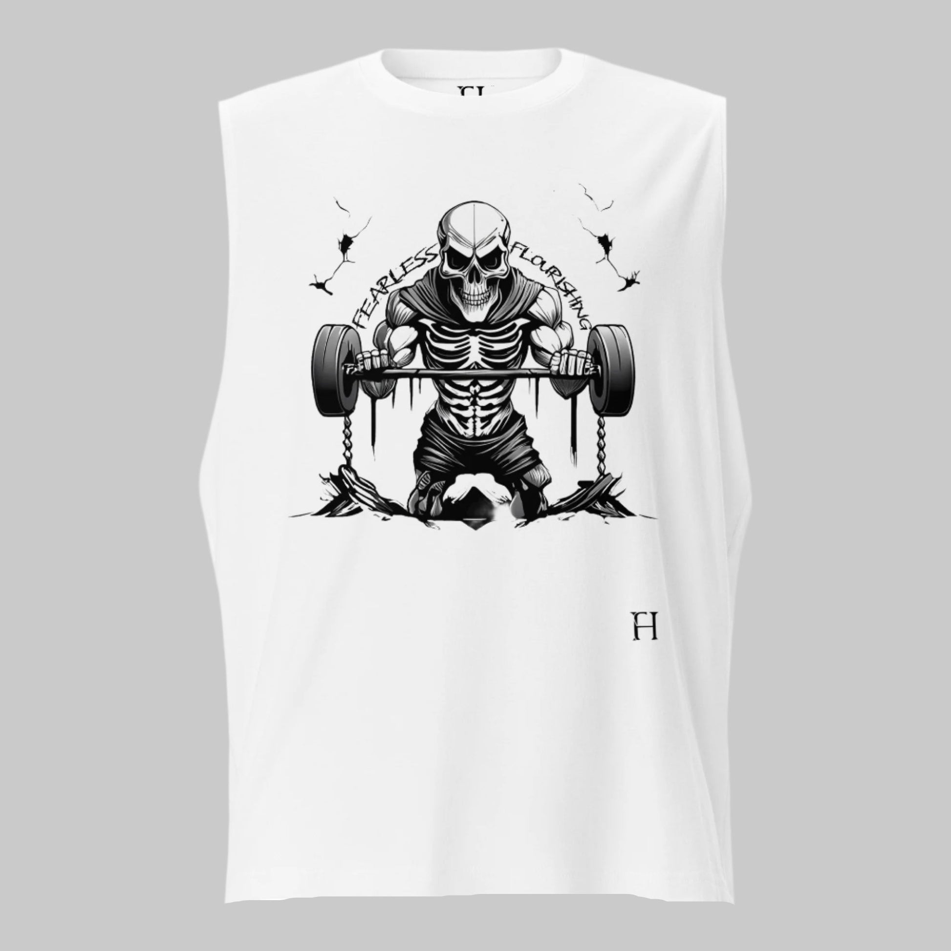 Front of Undead Gym Tank in White, with a Skull Skeleton lifting weights design, and the text Fearless Flourishing in black.