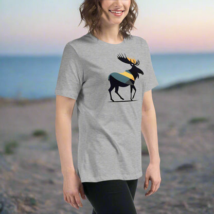 Front of Woman wearing Wild Moose T-shirt in Grey with a Bull Moose Silhouette design.