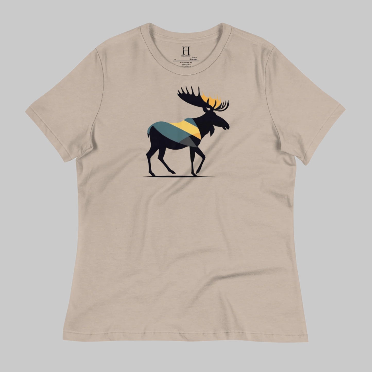 Front of Wild Moose T-shirt in Stone with a Bull Moose Silhouette design.