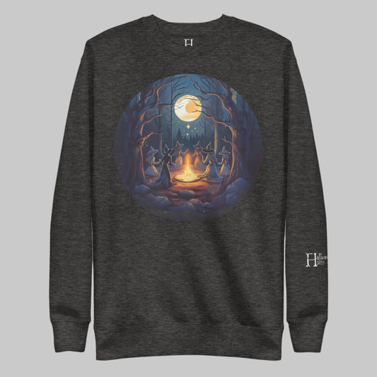 Front of Witches' Crew Ritual Sweatshirt in Charcoal, with a spooky witch coven performing a ritual in the forest design.