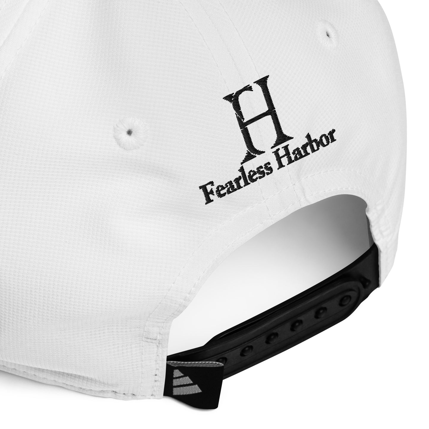 Back of Phoenix Performance Hat in White, with black snap enclosure and embroidered FH logo.