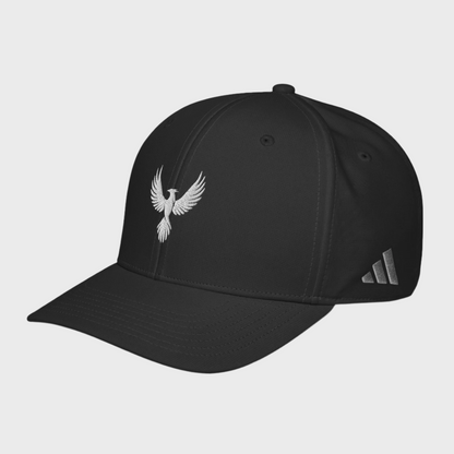 Left Front of adidas Phoenix Performance Hat in Black, white embroidered Phoenix on front, grey adidas logo on left side.