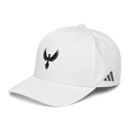 Left Front of adidas Phoenix Performance Hat in White, black embroidered Phoenix on front, grey adidas logo on left side.