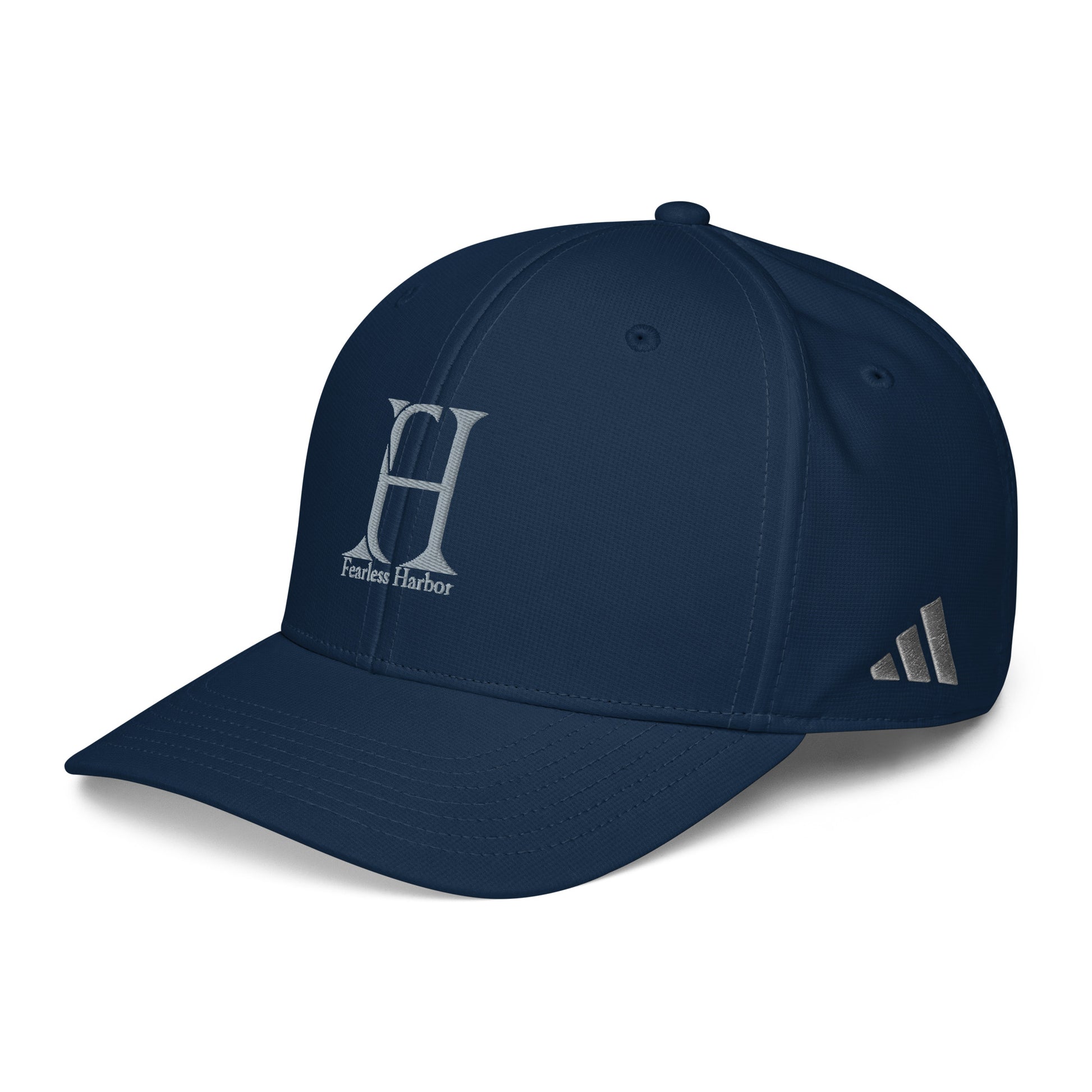 Left Front of adidas Performance Hat in Navy, with Fearless Harbor logo on front and adidas logo on left in Grey.