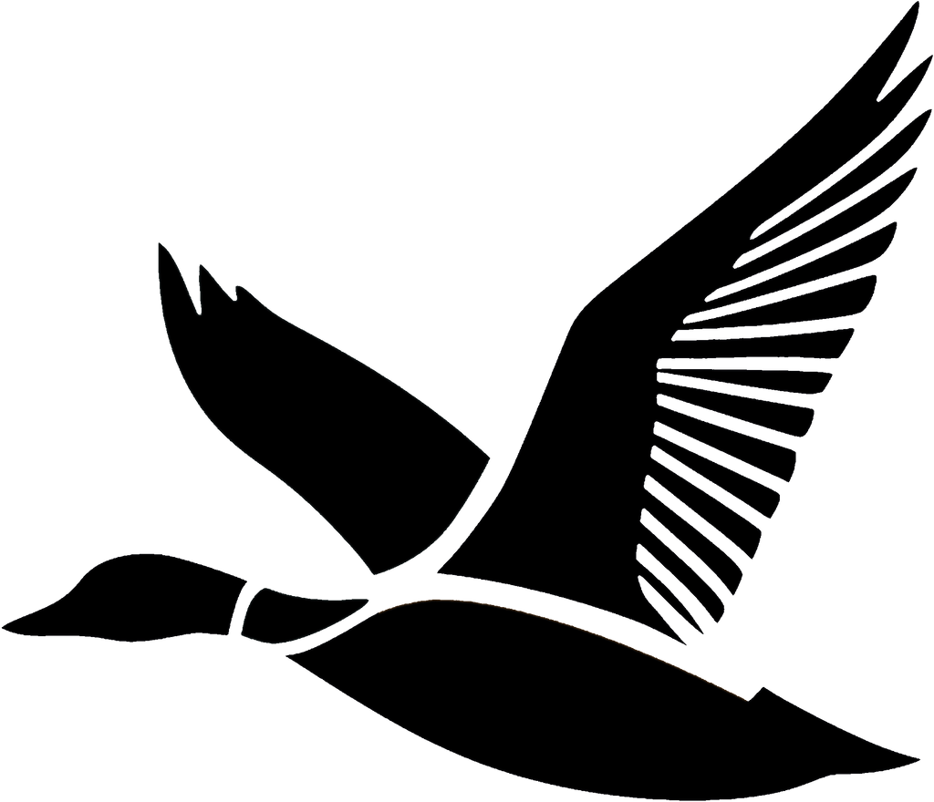 High-quality black vinyl decal of a flying duck, ideal for hunting coolers, trucks, and tumblers.