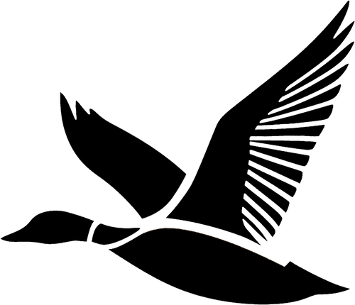 High-quality black vinyl decal of a flying duck, ideal for hunting coolers, trucks, and tumblers.