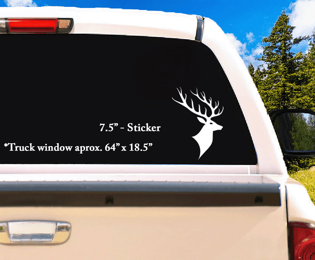 7.5" White Buck Deer Head Vinyl Sticker on back truck window – weatherproof hunting decal