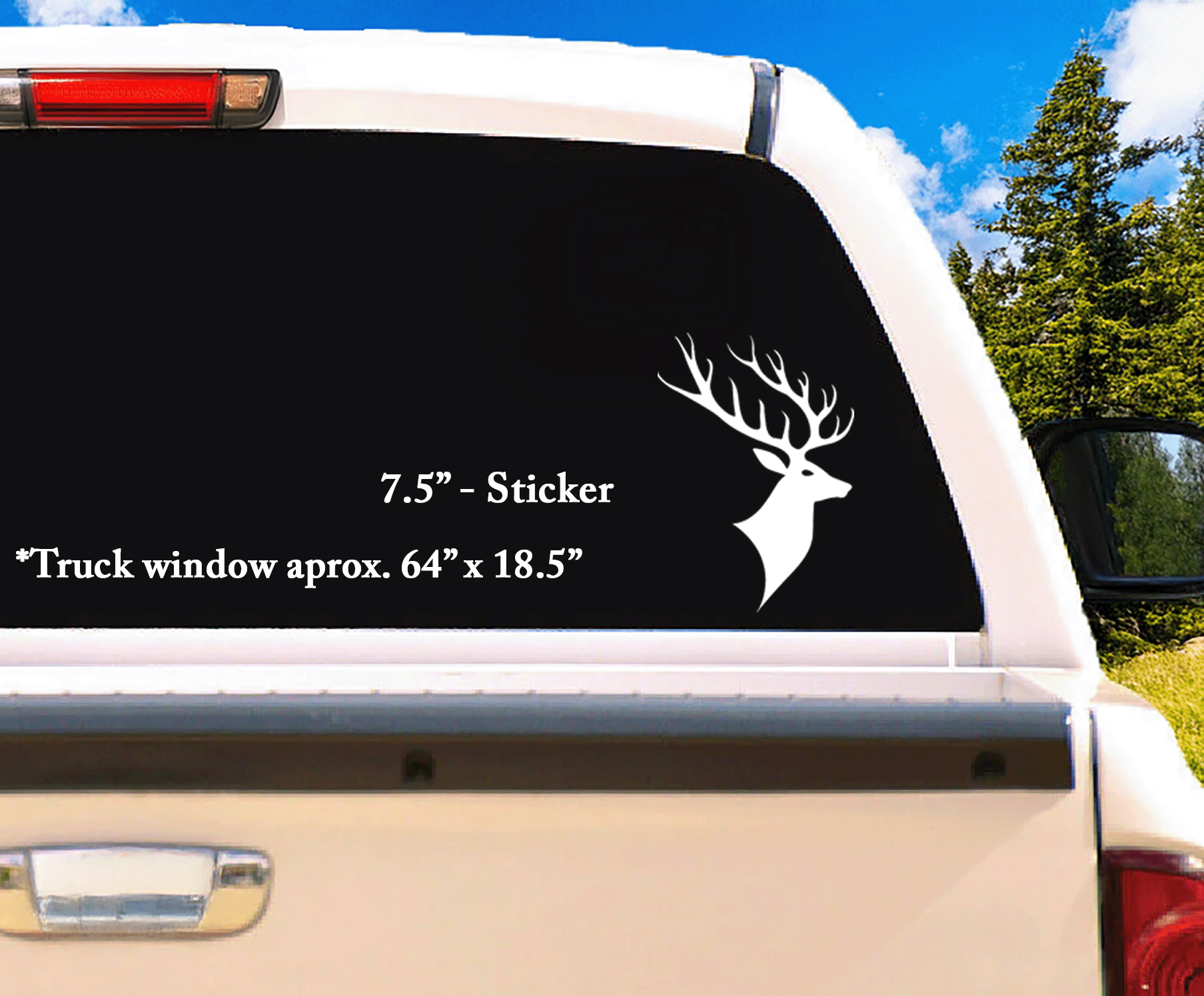 7.5" White Buck Deer Head Vinyl Sticker on back truck window – weatherproof hunting decal