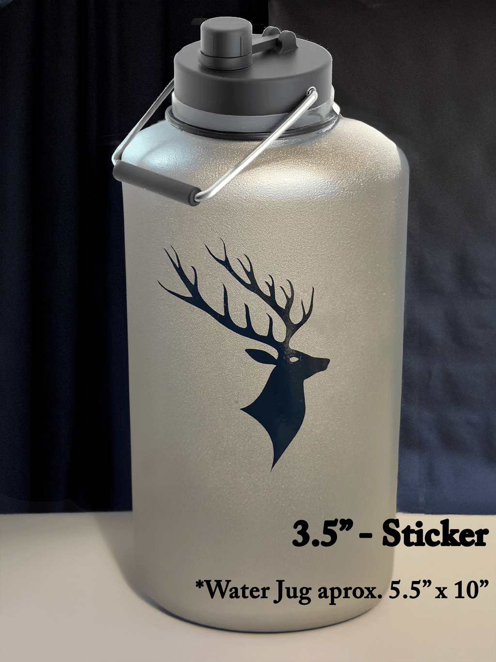 3.5" Black Buck Deer Decal on 1-gallon water jug – rugged hunting sticker in use