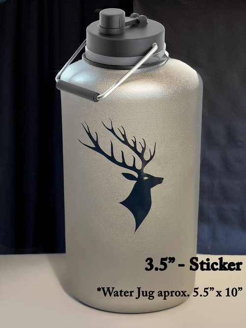 3.5" Black Buck Deer Decal on 1-gallon water jug – rugged hunting sticker in use