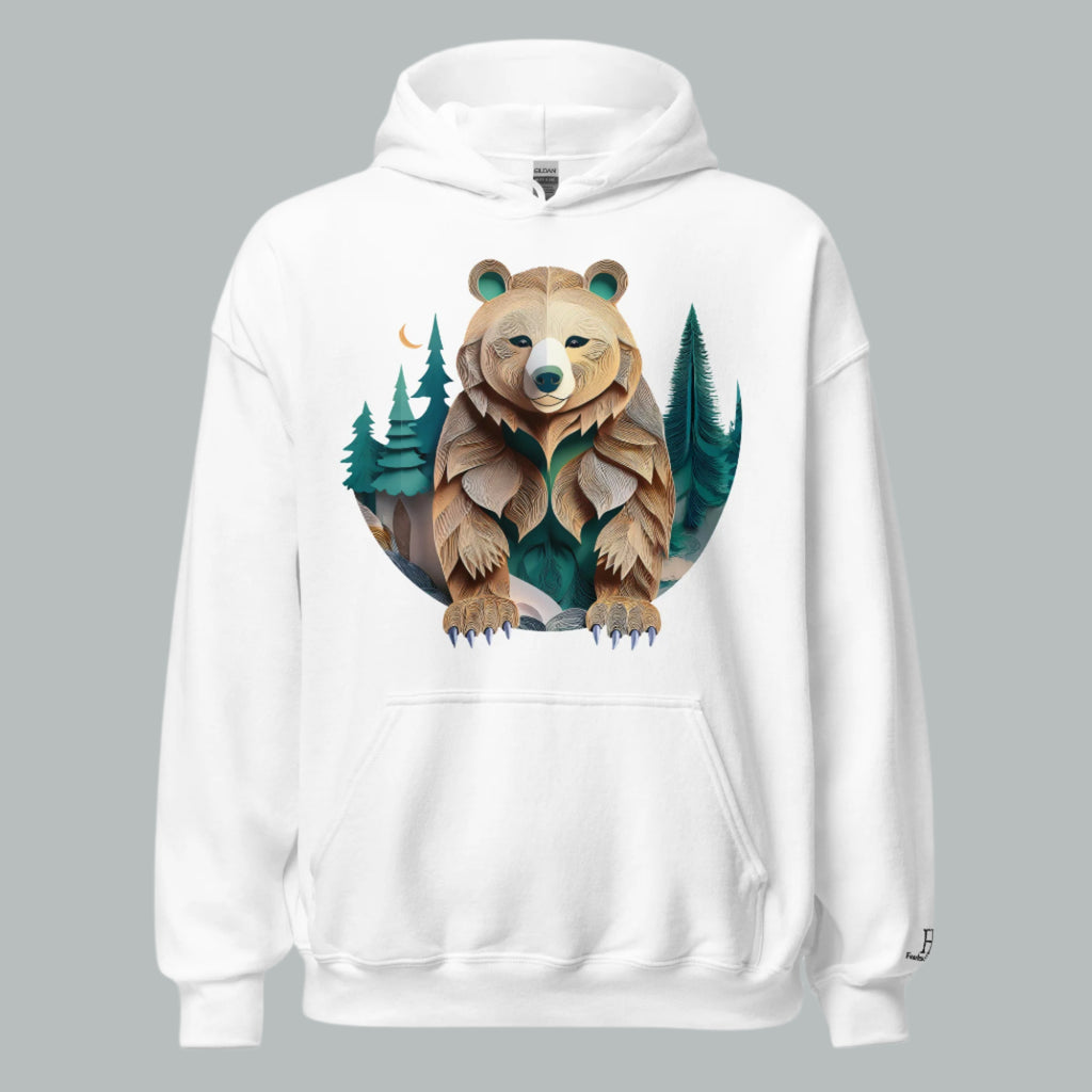 Front of Bear Haven Pullover Hoodie in White with Bear standing in trees design.