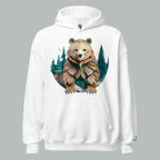 Front of Bear Haven Pullover Hoodie in White with Bear standing in trees design.