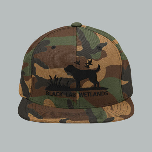 Front view of Fearless Harbor Black Lab Wetlands Duck Hunter Cap in Green Camo with embroidered black lab and ducks.
