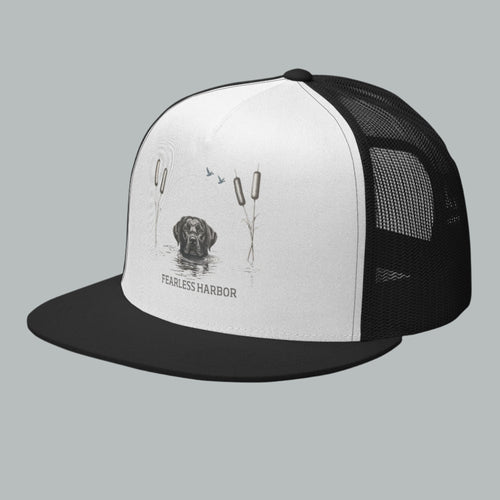 Front view of Fearless Harbor Black Lab Wetlands Snapback Hat in black and white, high quality print hunting  dog, ducks graphic.