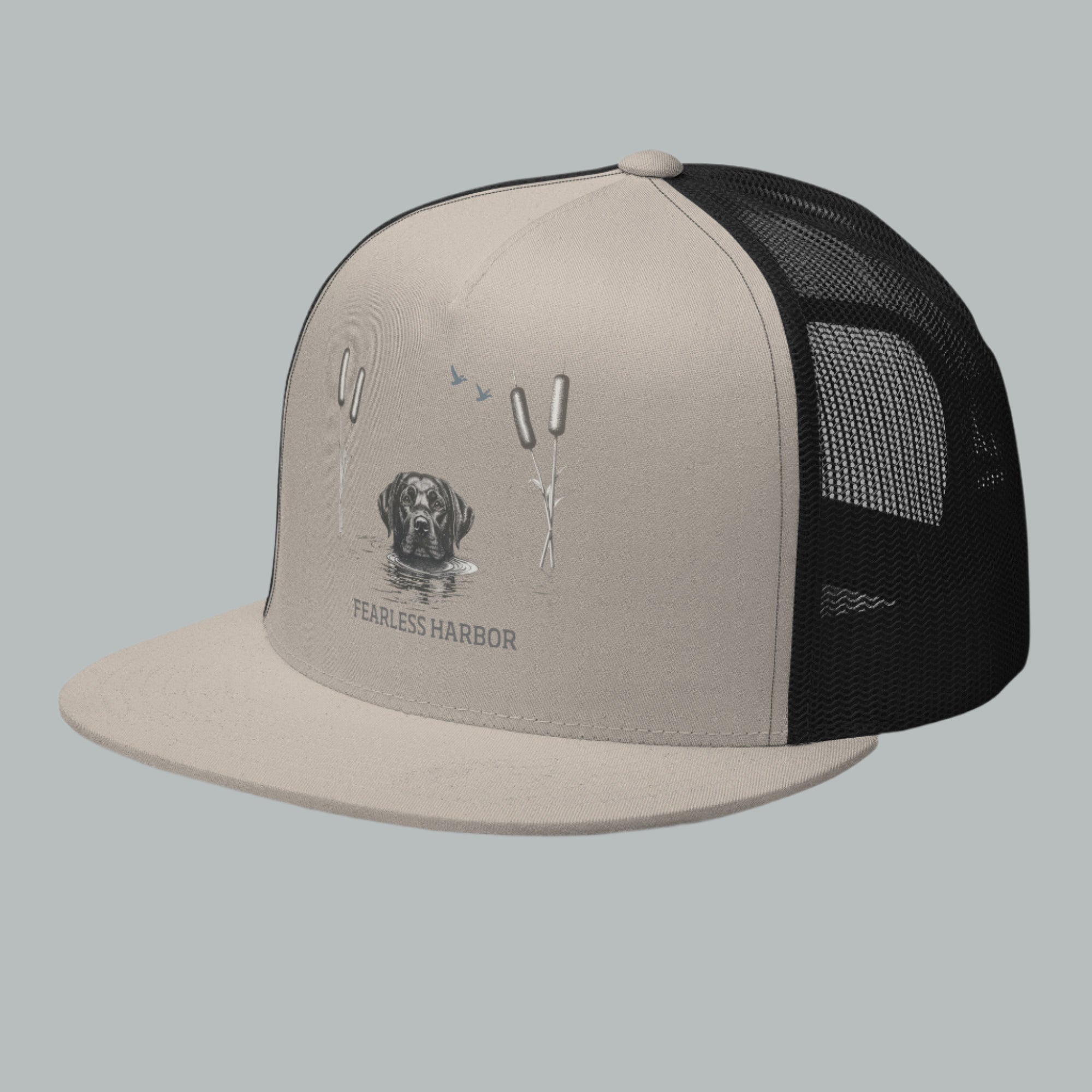 Front view of Fearless Harbor Black Lab Wetlands Snapback Hat in silver and black, high quality print hunting  dog, waterfowl graphic.