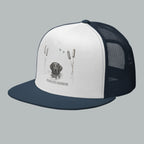 Front view of Fearless Harbor Black Lab Wetlands Snapback Hat in white and navy , high quality print hunting  dog, duck graphic.