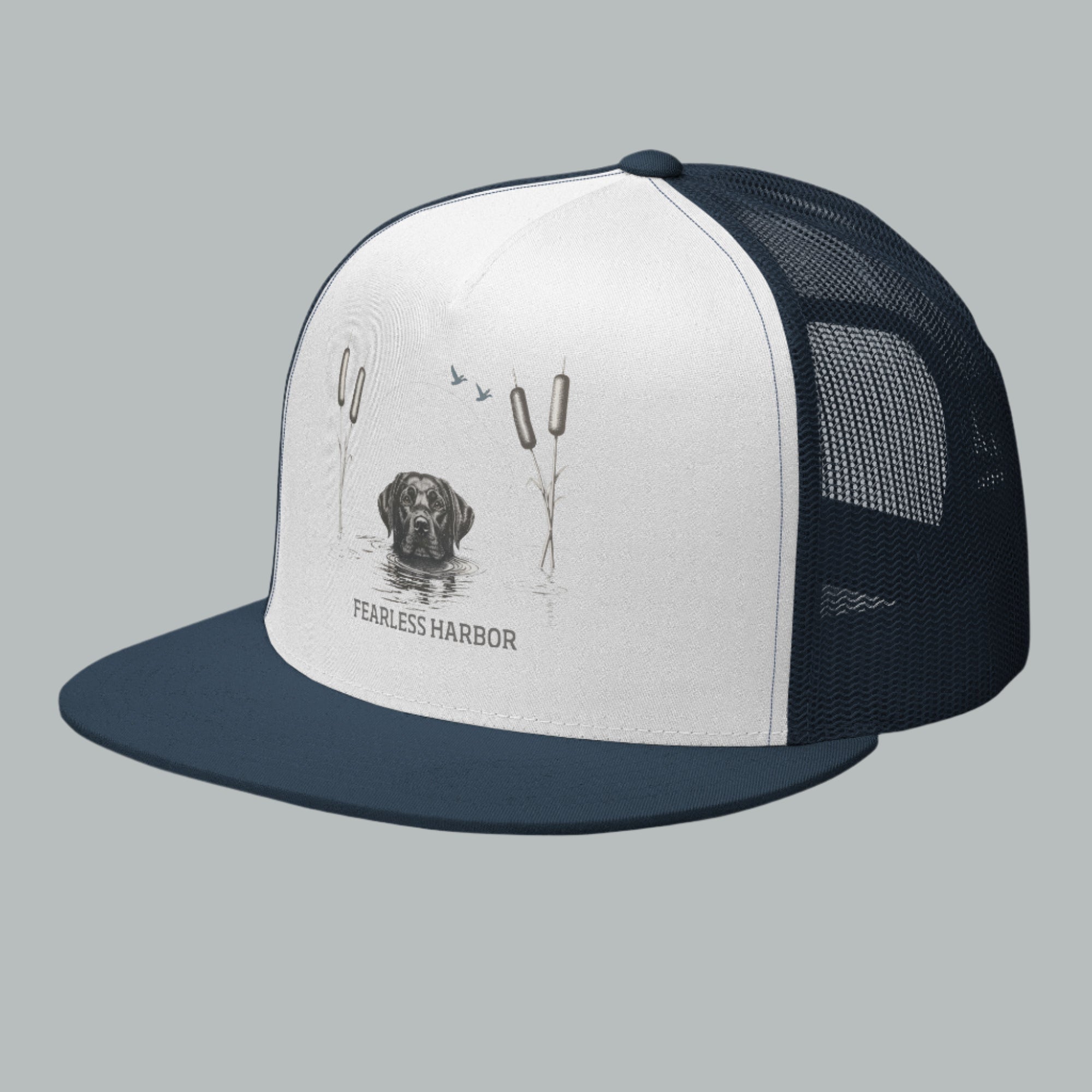 Front view of Fearless Harbor Black Lab Wetlands Snapback Hat in white and navy , high quality print hunting  dog, duck graphic.