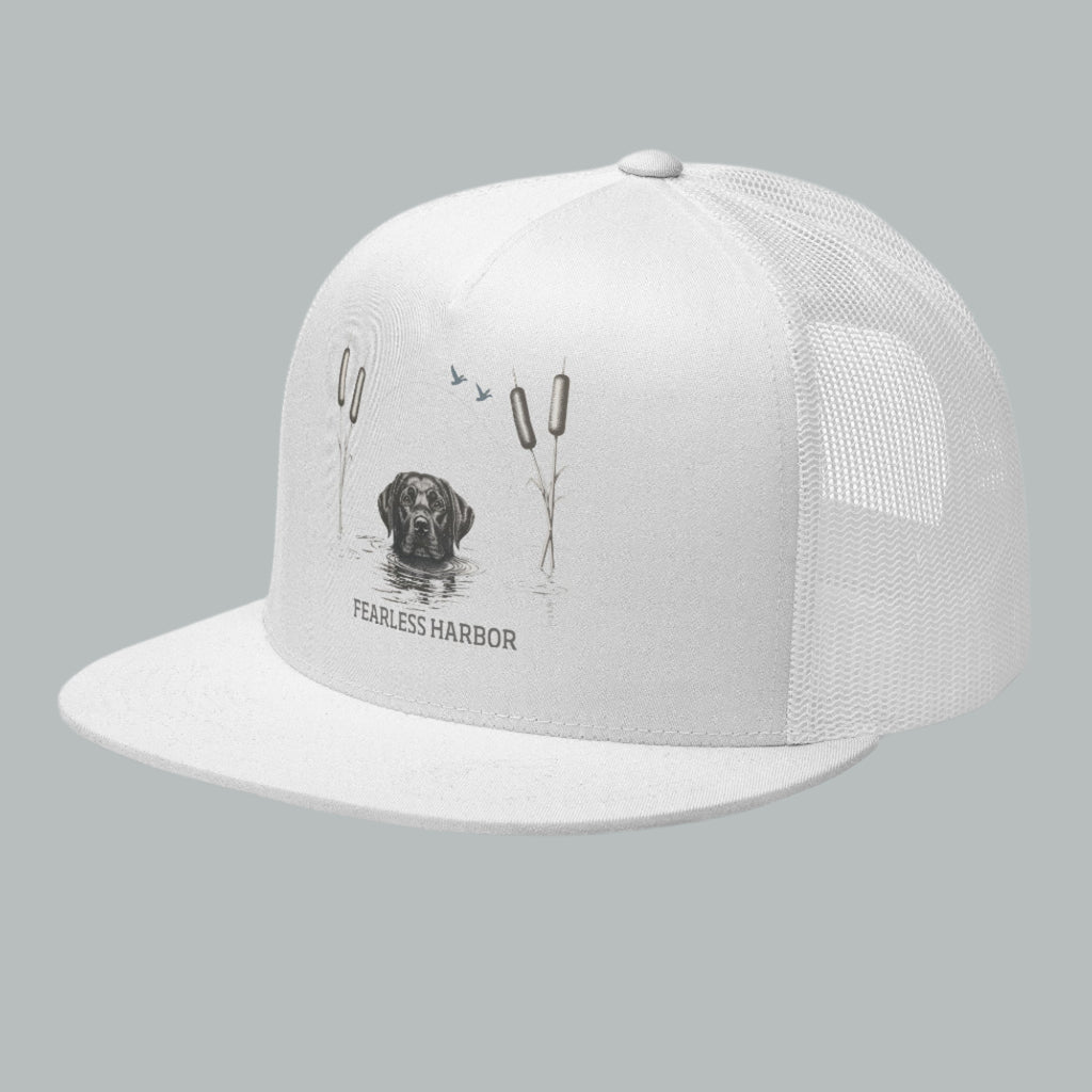 Front view of Fearless Harbor Black Lab Wetlands Snapback Hat in white, high quality print dog, duck hunting graphic.